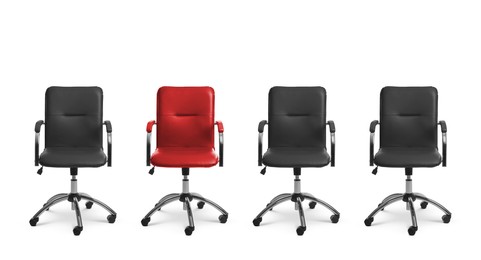 Image of Vacant position. Red office chair among black ones on white background, banner design