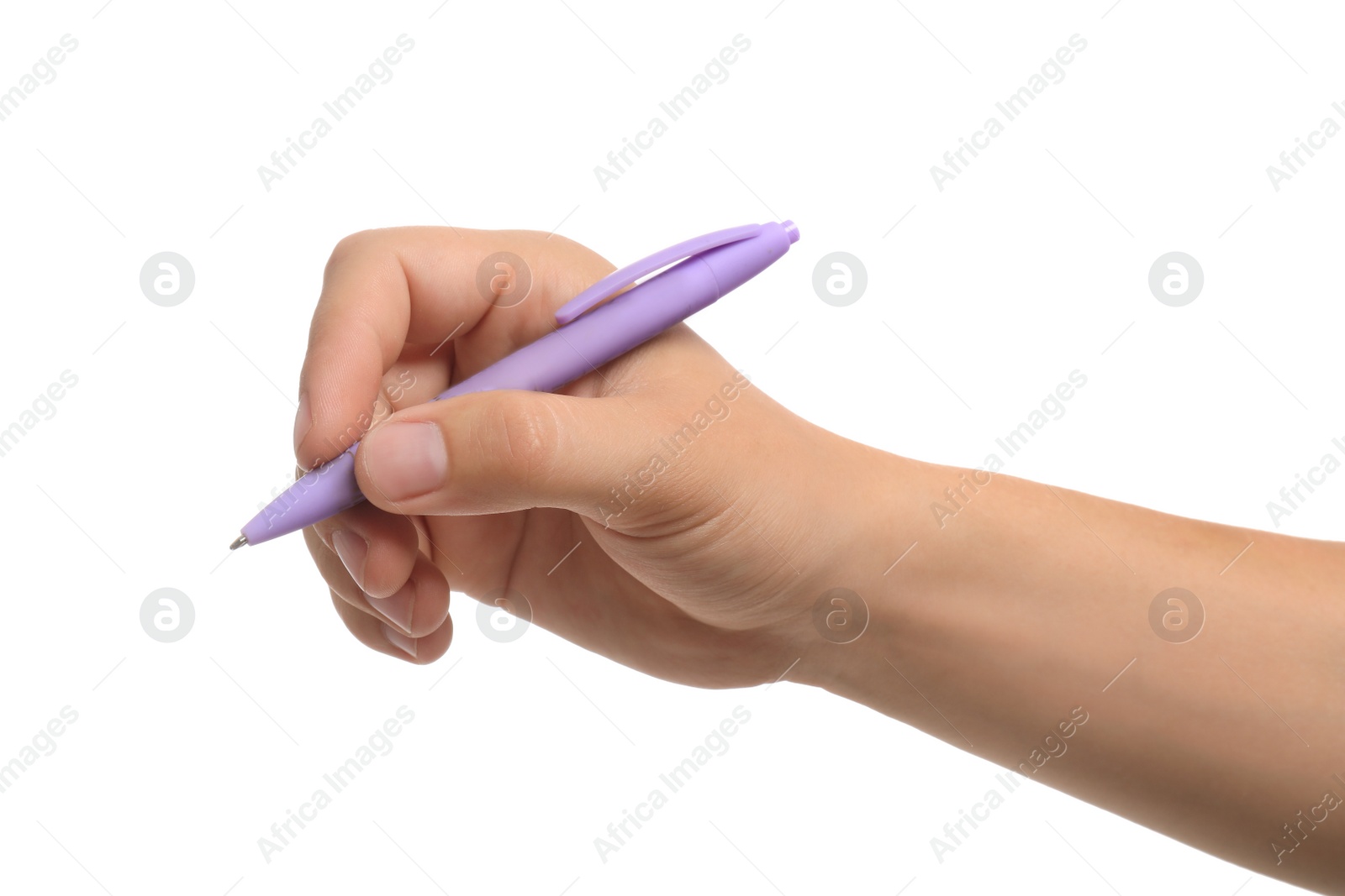 Photo of Young man holding pen on white background, closeup