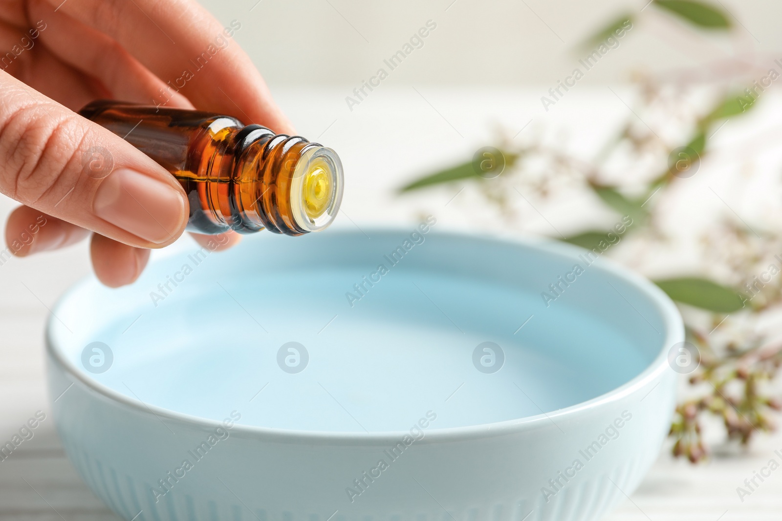 Photo of Woman dripping eucalyptus essential oil from bottle into bowl at white wooden table, closeup