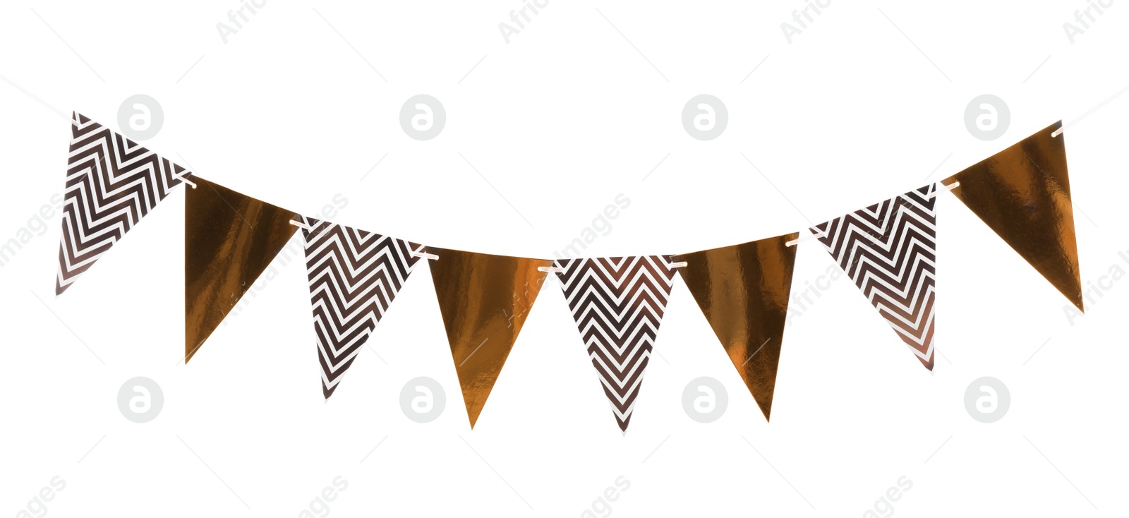 Photo of Triangular bunting flags on white background. Festive decor