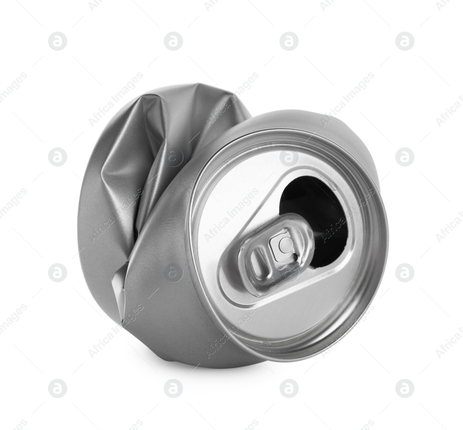 Photo of Silver crumpled can with ring isolated on white