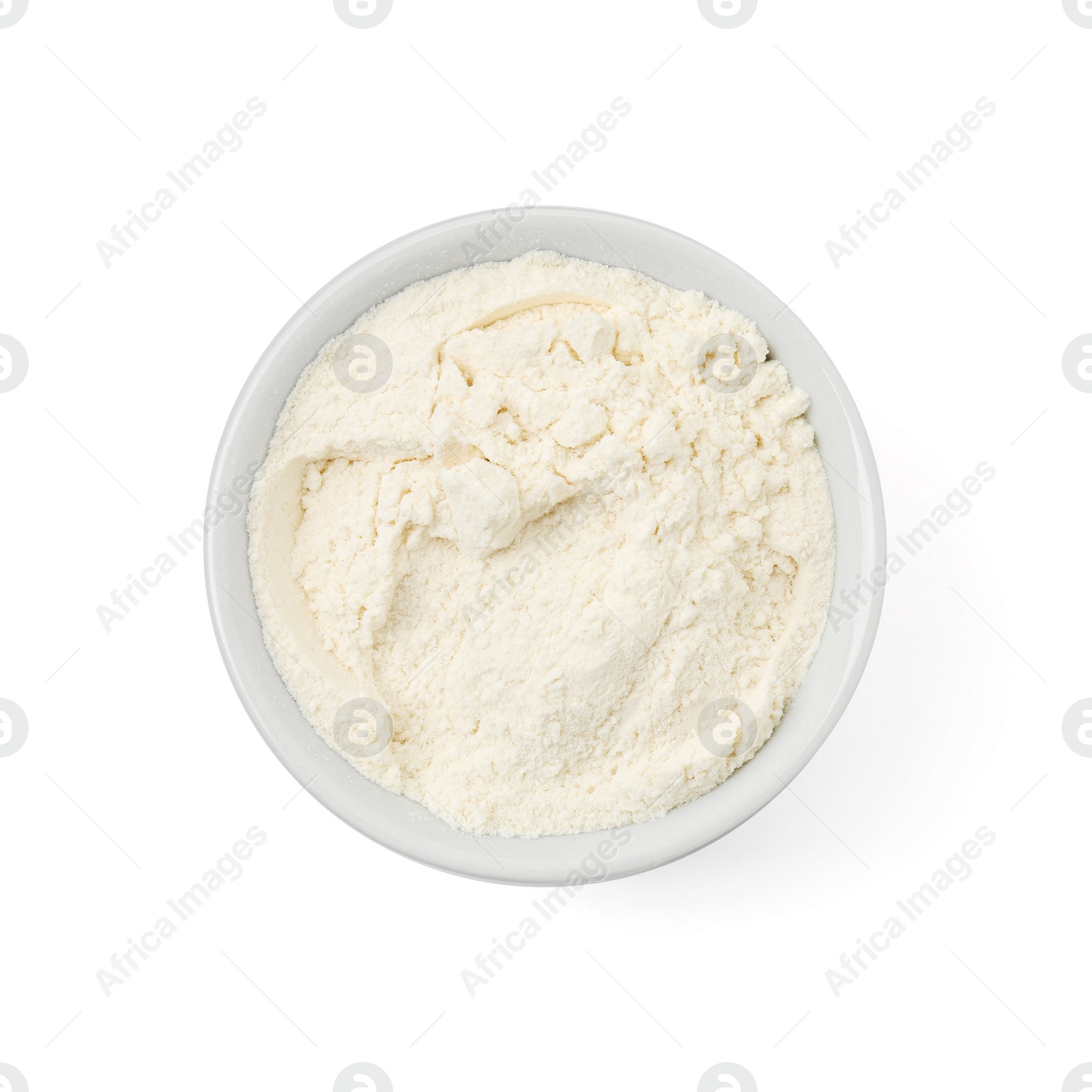 Photo of Baking powder in bowl isolated on white, top view