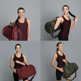 Image of Young woman with sports bag on grey background, collage