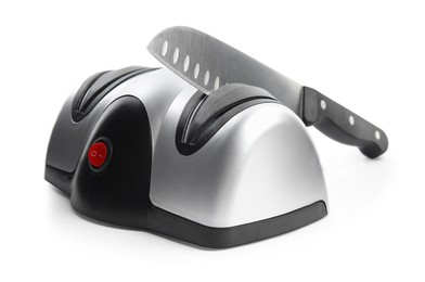 Photo of Modern electrical sharpener and knife on white background