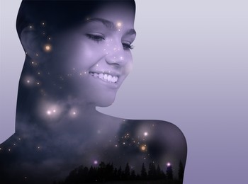 Image of Double exposure of beautiful woman and landscape with starry sky on light background. Astrology concept