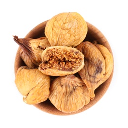 Wooden bowl of dried figs on white background, top view