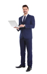 Young man with laptop on white background