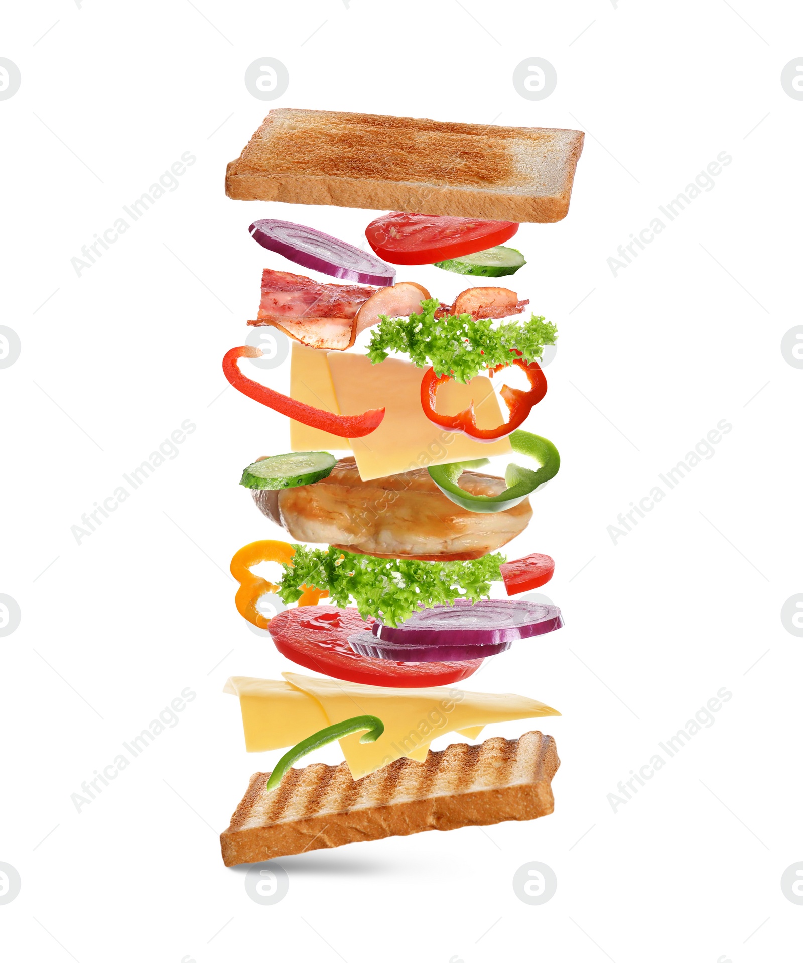 Image of Delicious sandwich with toasted bread on white background