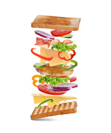 Image of Delicious sandwich with toasted bread on white background