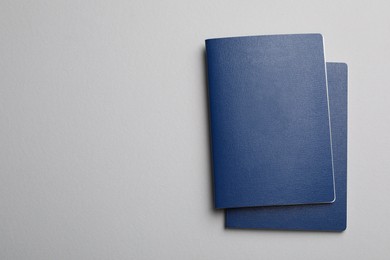 Photo of Blank blue passports on grey background, flat lay with space for text
