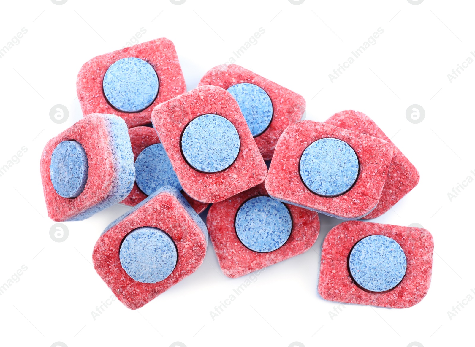 Photo of Pile of dishwasher detergent tablets on white background, top view