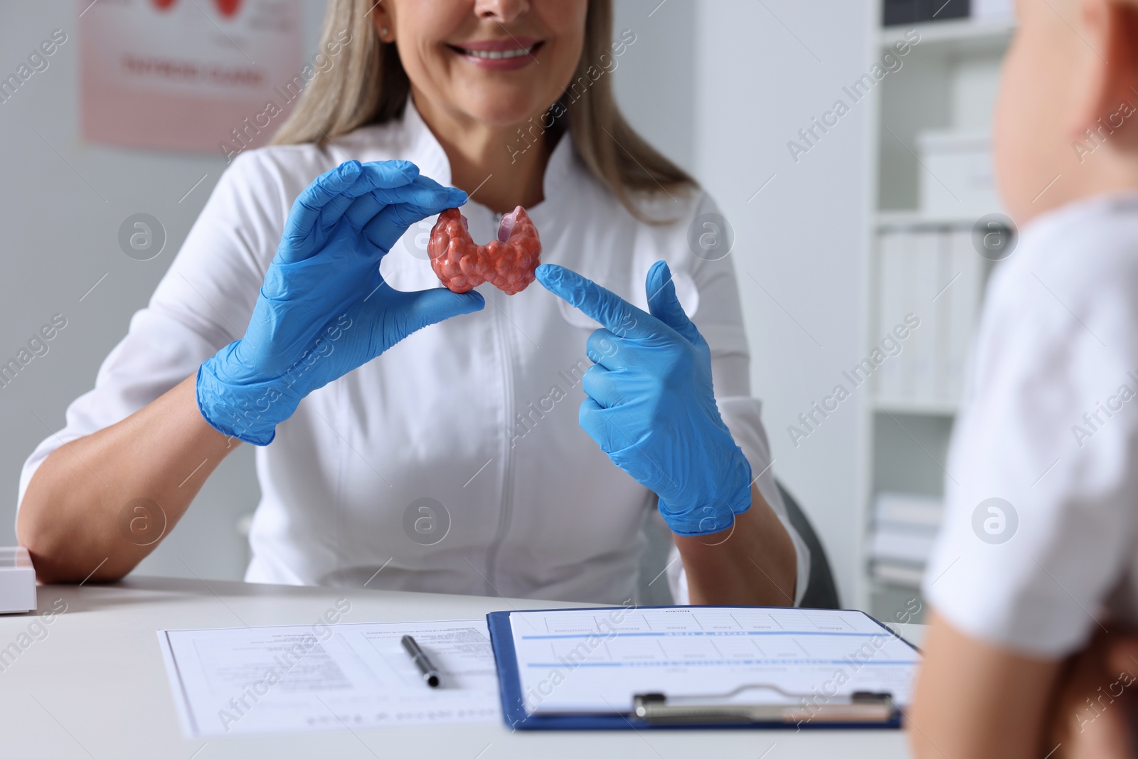 Photo of Endocrinologist showing thyroid gland model to little patient at table in hospital, closeup