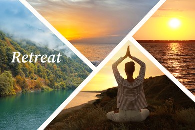 Image of Wellness retreat. Collage with photos of beautiful landscapes and meditating woman