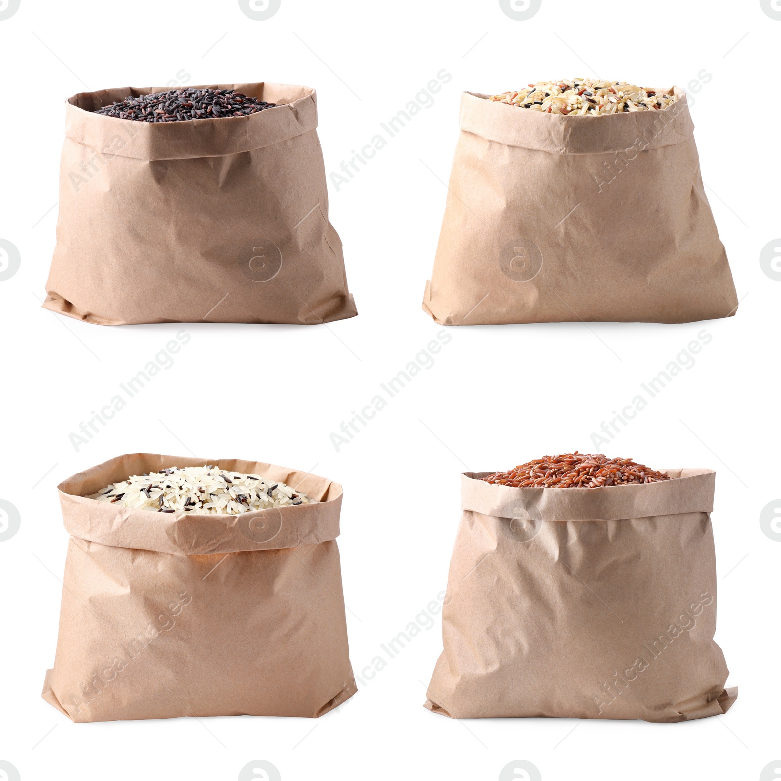 Image of Set with different types of rice in paper bags on white background