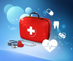First aid kit, stethoscope and different icons on blue background, illustration
