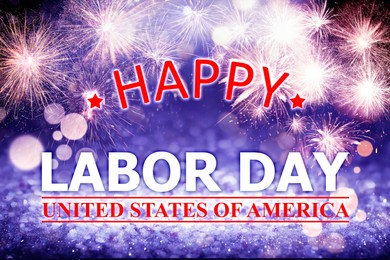 Image of Happy Labor Day. Festive background with fireworks and glitters, bokeh effect