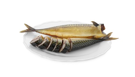 Plate with delicious smoked mackerels on white background