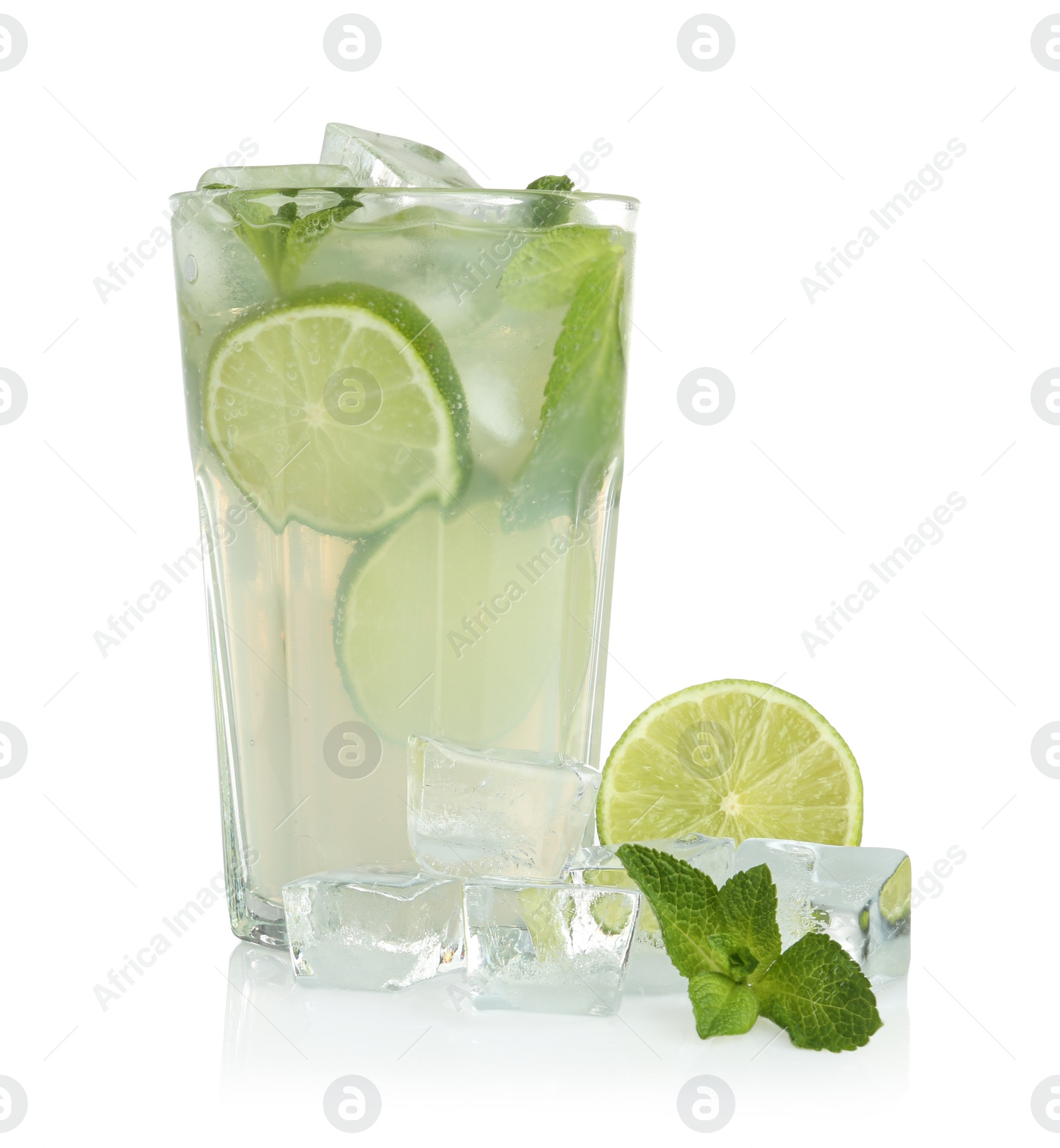 Photo of Tasty Mojito cocktail with ice cubes isolated on white