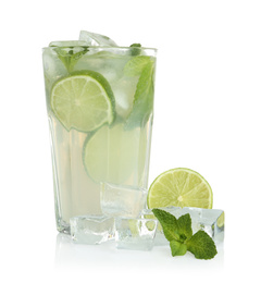 Tasty Mojito cocktail with ice cubes isolated on white