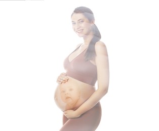Image of Double exposure of pregnant woman and cute baby on white background
