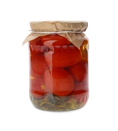 Photo of Jar of pickled tomatoes isolated on white