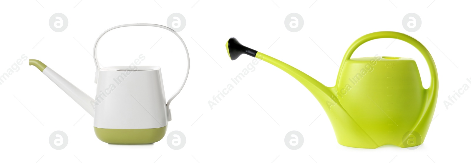 Image of Different plastic watering cans on white background, banner design