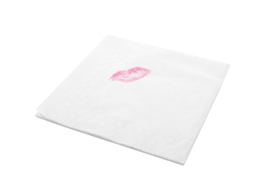 Photo of Paper napkin with lipstick mark and space for text on white background