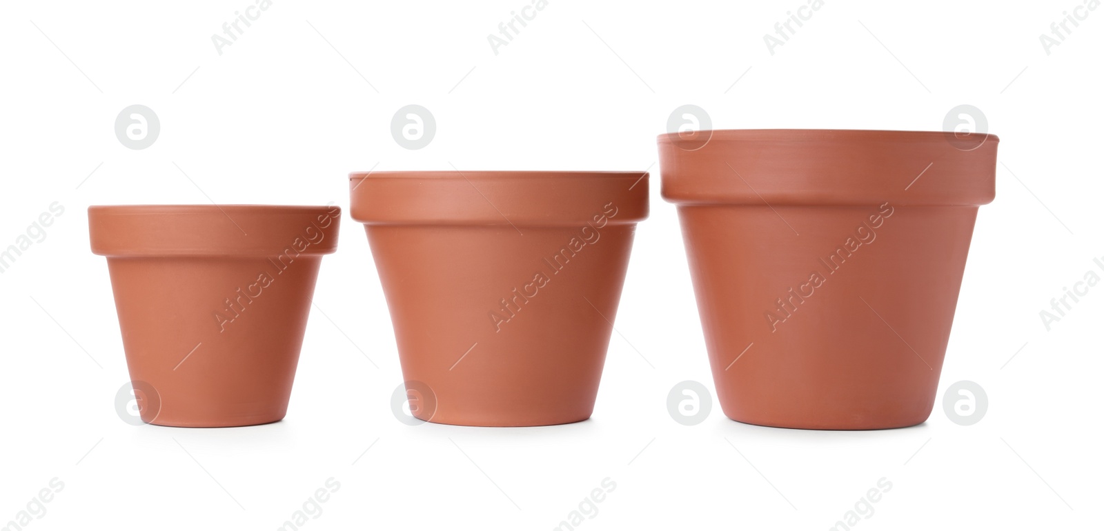 Photo of Stylish terracotta flower pots isolated on white