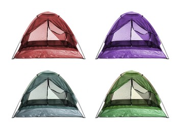 Image of Set with different colorful camping tents on white background