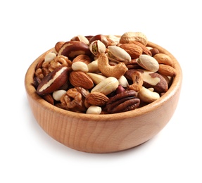 Bowl with mixed organic nuts on white background