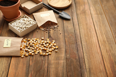 Different vegetable seeds and gardening trowel on wooden table. Space for text