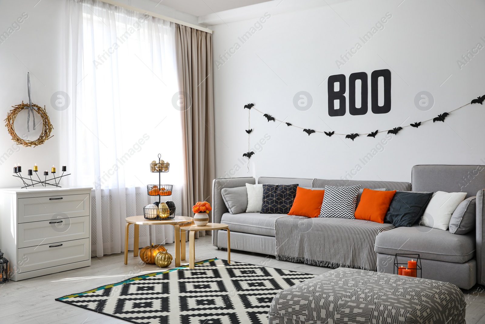 Photo of Modern room decorated for Halloween. Festive interior