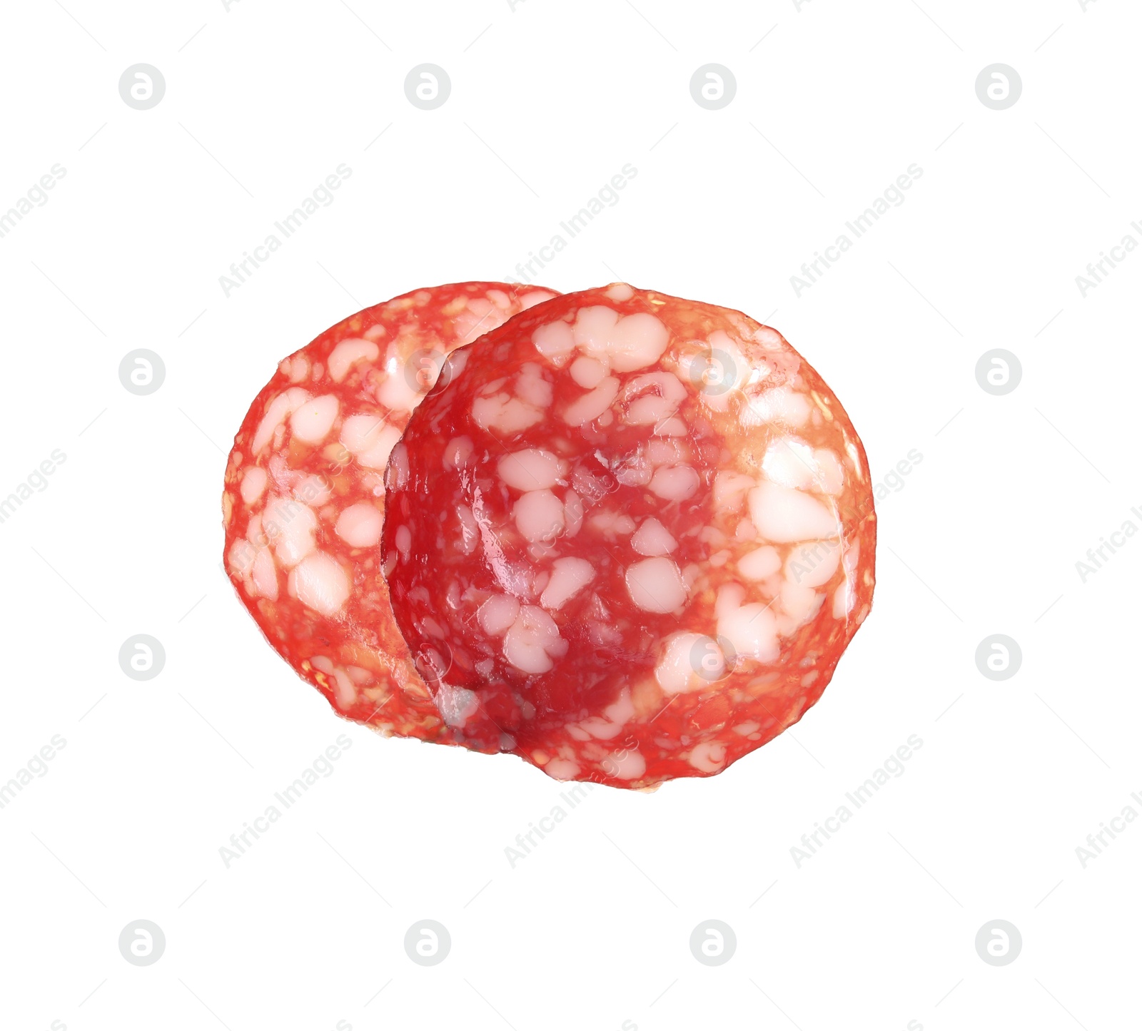 Photo of Slices of delicious smoked sausage isolated on white