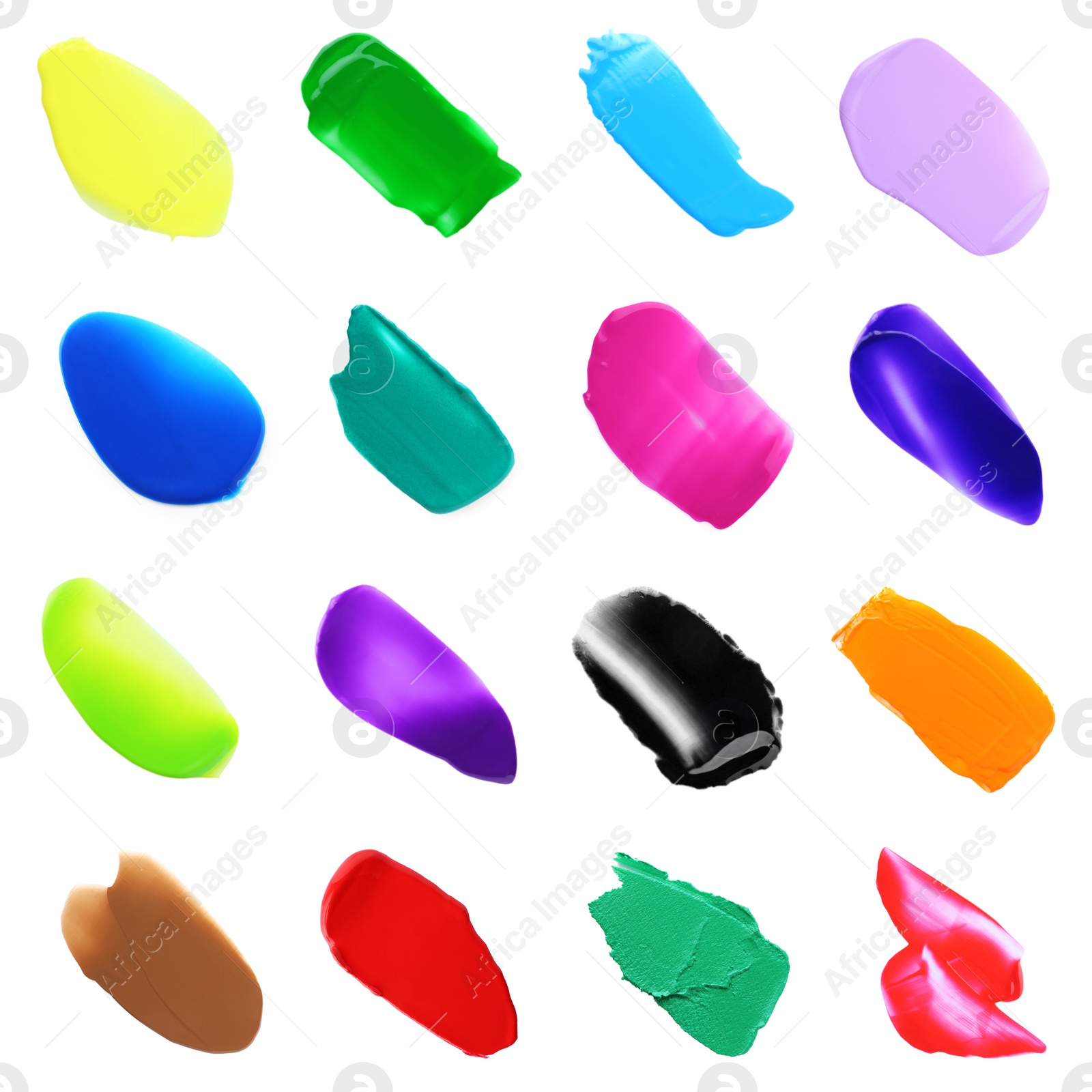 Image of Set with paint samples of different colors isolated on white, top view