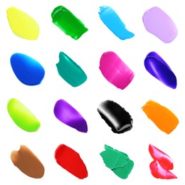 Image of Set with paint samples of different colors isolated on white, top view