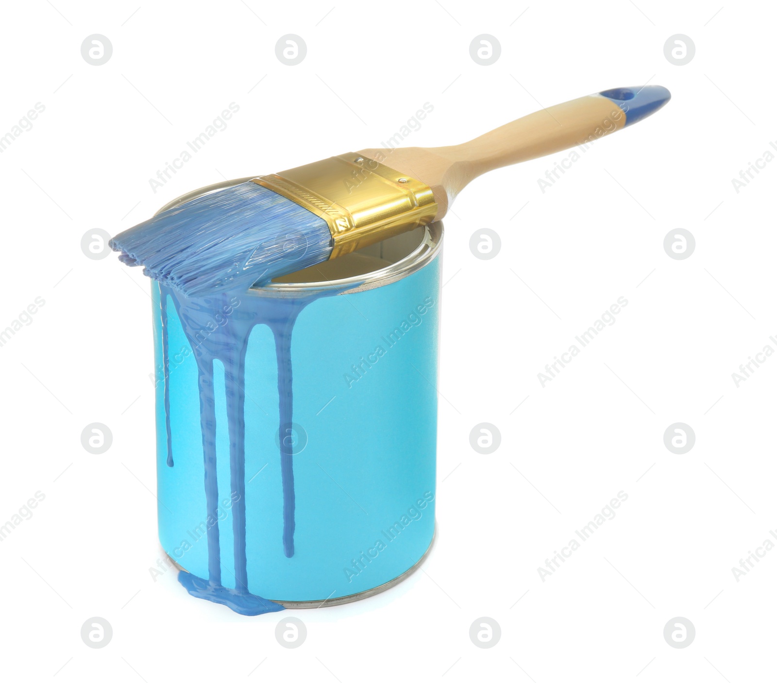 Photo of Can of light blue paint with brush on white background