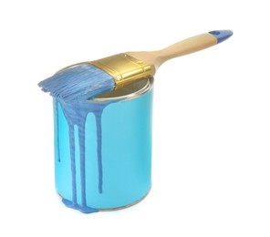 Photo of Can of light blue paint with brush on white background