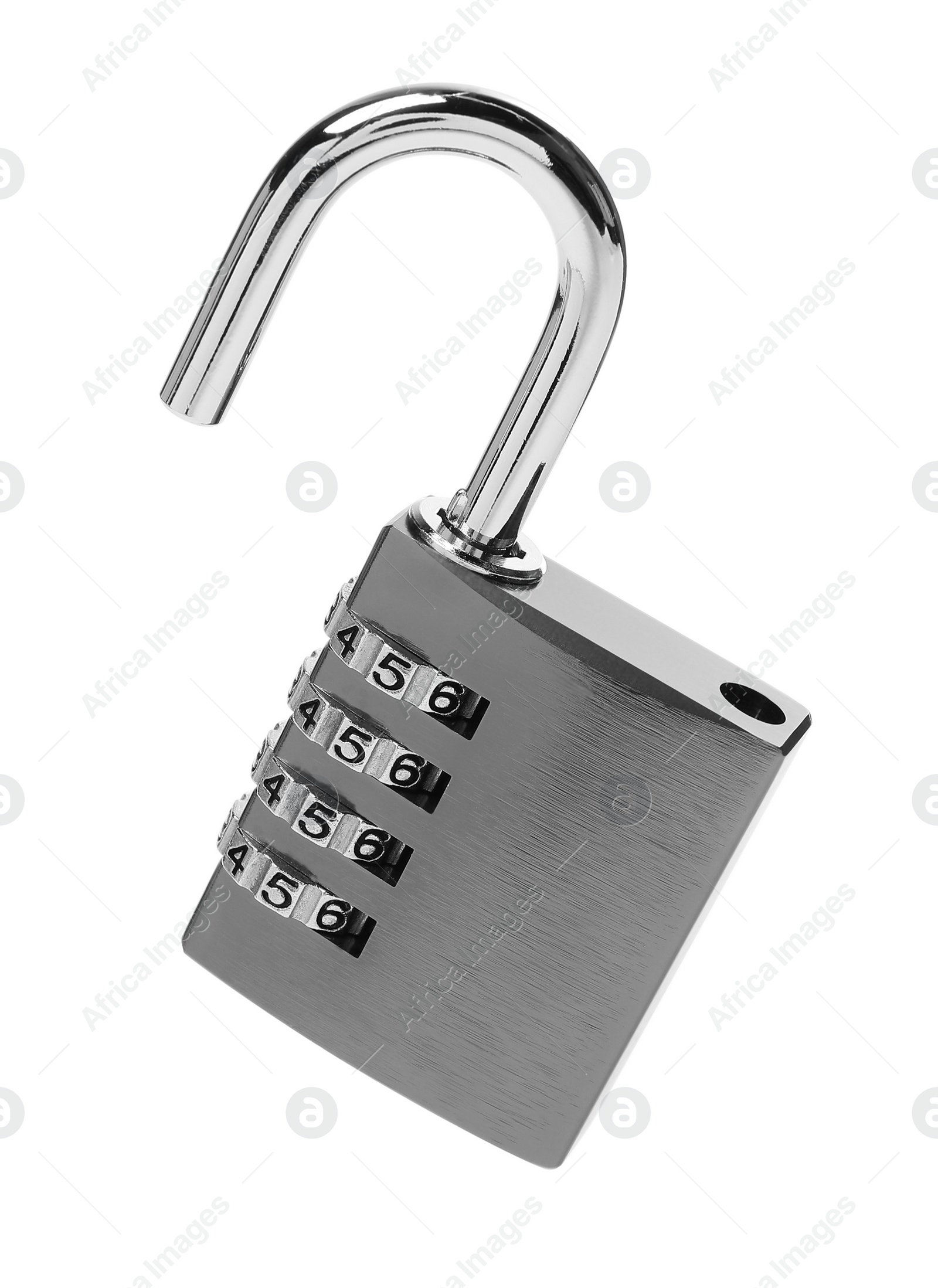 Photo of Unlocked steel combination padlock isolated on white