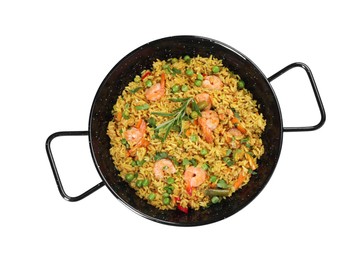 Tasty rice with shrimps and vegetables in frying pan isolated on white, top view