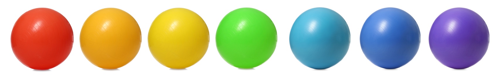 Image of Set of fitness balls on white background. Banner design