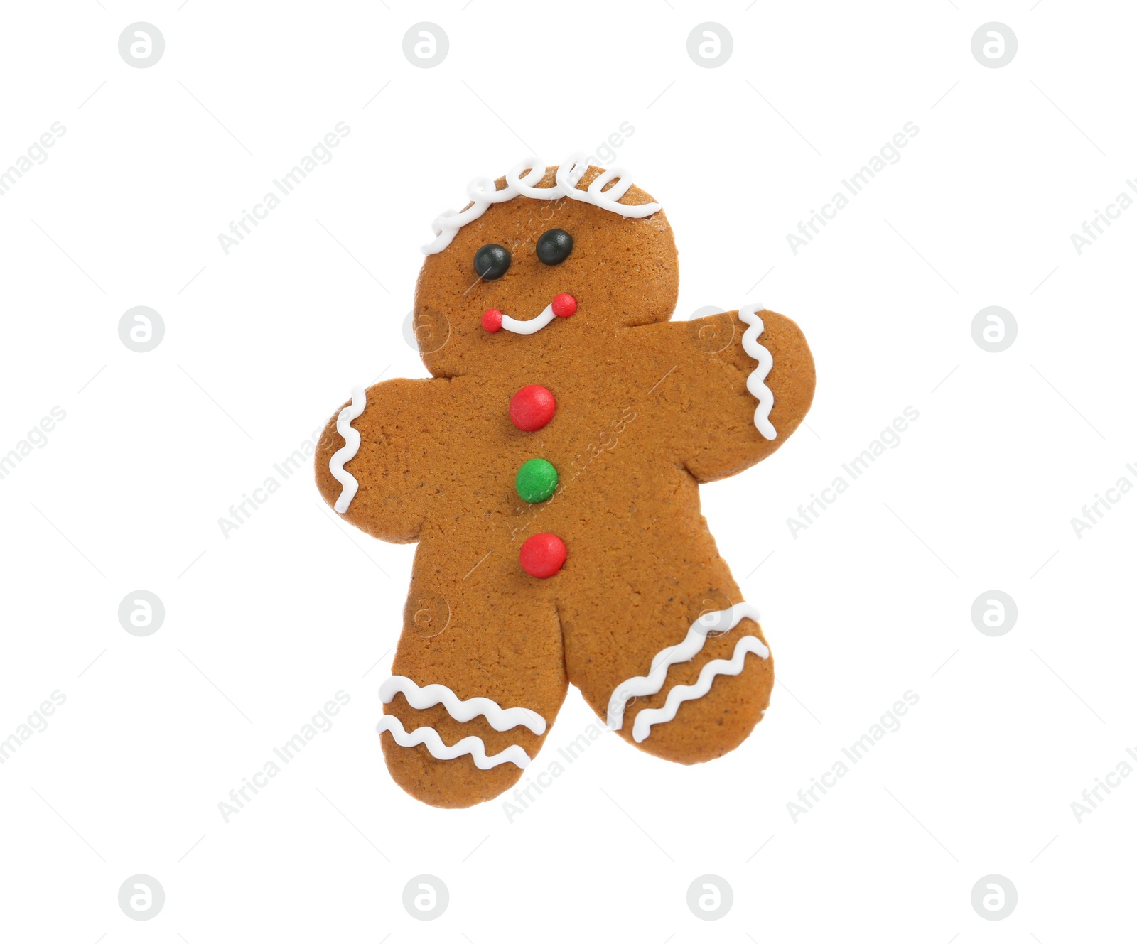 Photo of Christmas cookie in shape of gingerbread man isolated on white