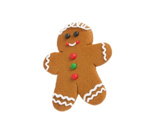 Photo of Christmas cookie in shape of gingerbread man isolated on white