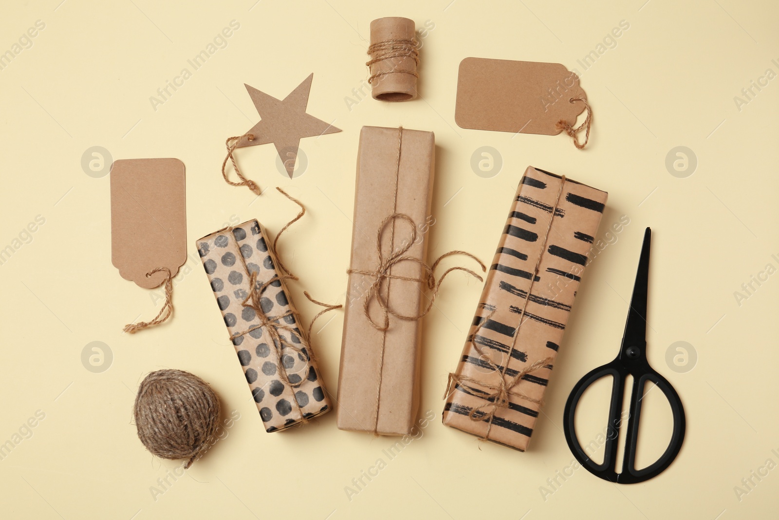 Photo of Flat lay composition with beautiful gift boxes on color background. Space for text