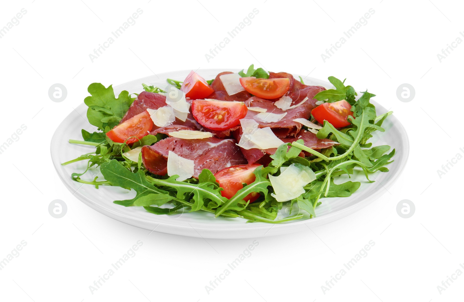 Photo of Delicious bresaola salad with parmesan cheese isolated on white