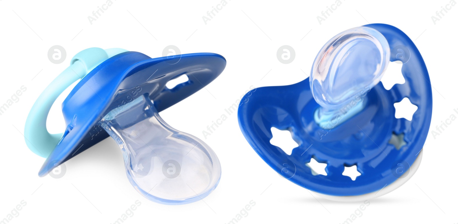 Image of Baby pacifier on white background, views from different sides