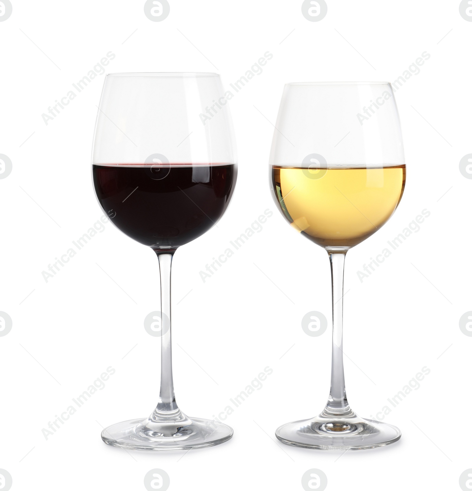 Photo of Glasses of different wine on white background