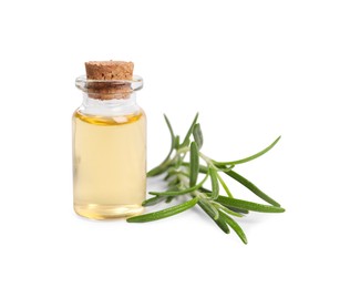 Sprig of fresh rosemary and essential oil on white background