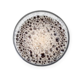 Photo of Full glass of beer isolated on white, top view