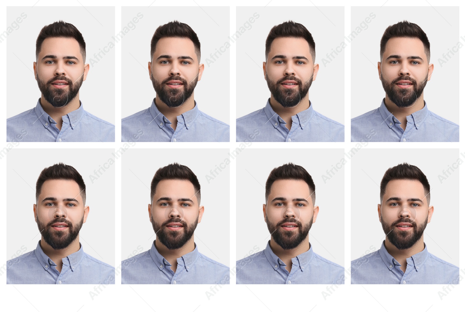 Image of Passport photo, collage. Man on white background, set of photos