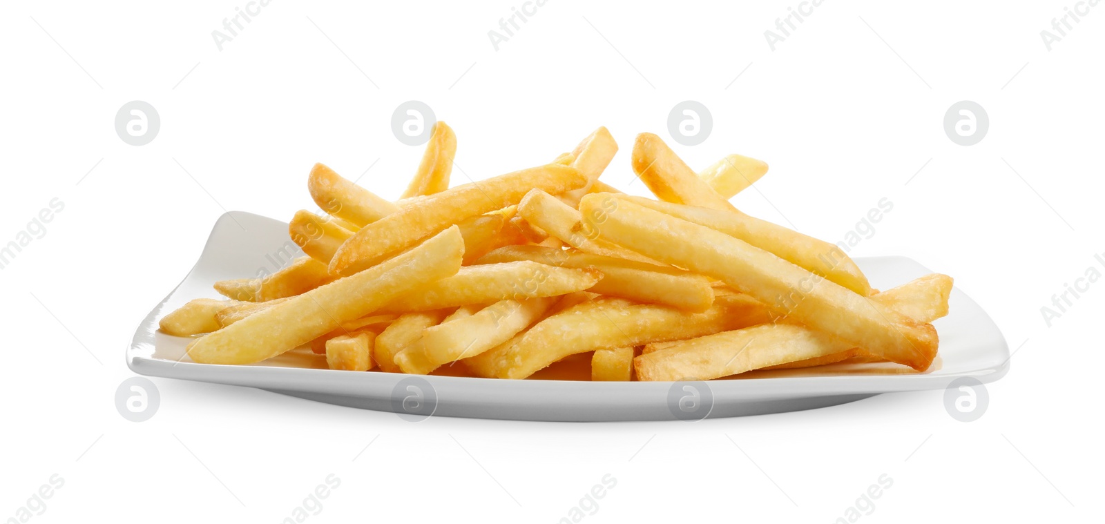 Photo of Plate of tasty French fries on white background